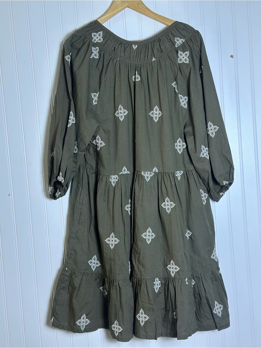 MIRA Cotton Gauze Olive Green Embroidered Tiered Dress  XXL 3/4 puffed sleeves - Picture 8 of 10